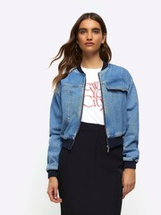 River Island Blue Denim Cropped Bomber Jacket - Image 1 of 7