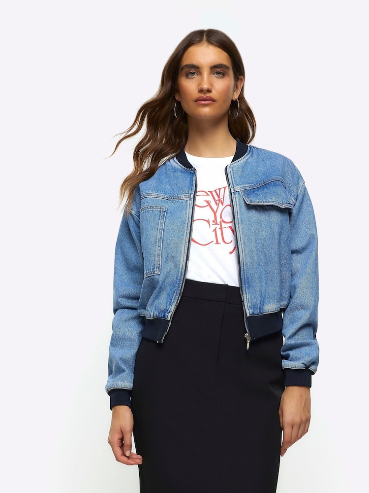 River Island Blue Denim Cropped Bomber Jacket - Image 1 of 7 River Island Blue Denim Cropped Bomber Jacket - Image 1 of 7