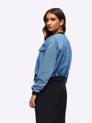 River Island Blue Denim Cropped Bomber Jacket - Image 2 of 7