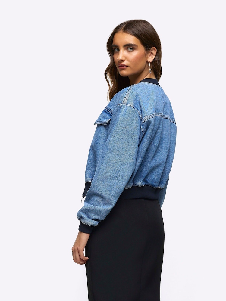 River Island Blue Denim Cropped Bomber Jacket - Image 2 of 7 River Island Blue Denim Cropped Bomber Jacket - Image 2 of 7