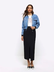 River Island Blue Denim Cropped Bomber Jacket - Image 3 of 7