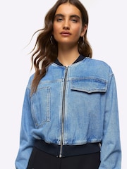River Island Blue Denim Cropped Bomber Jacket - Image 4 of 7