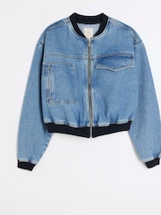 River Island Blue Denim Cropped Bomber Jacket - Image 5 of 7