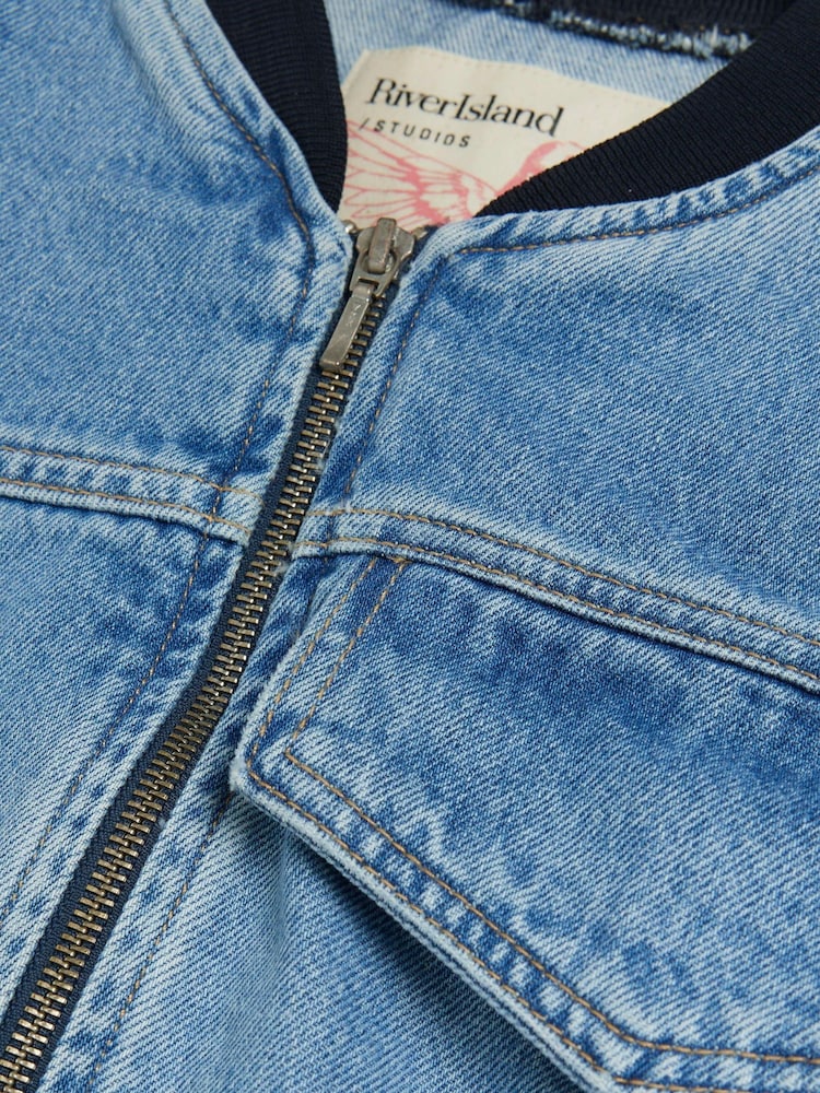 River Island Blue Denim Cropped Bomber Jacket - Image 7 of 7 River Island Blue Denim Cropped Bomber Jacket - Image 7 of 7