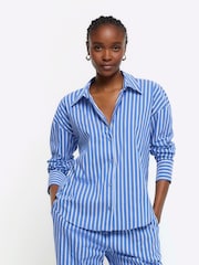 River Island Blue Stripe Wide Cuff  Shirt - Image 1 of 4