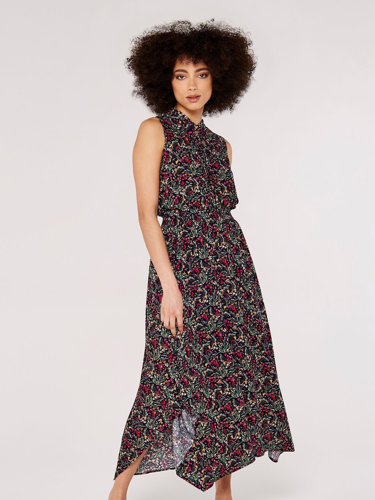 Buy Apricot Black/Pink Multi Floral Hanky Hem Midi Dress from the