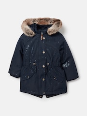 Joules Girls' Alix Navy Blue Printed Waterproof Parka Coat - Image 1 of 5