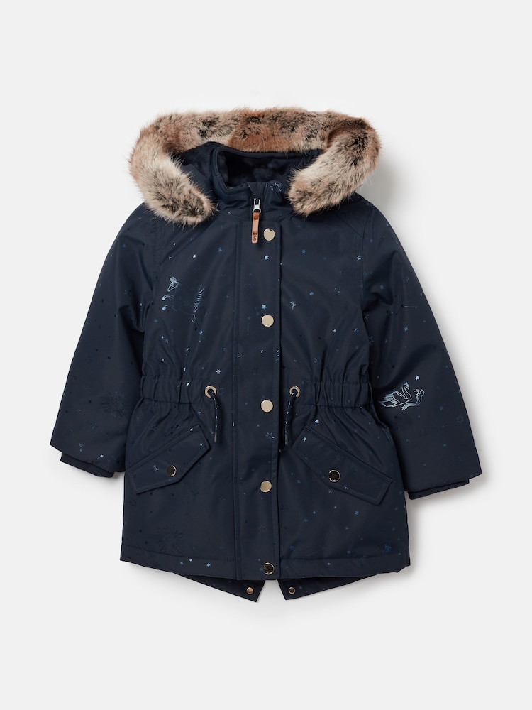 Joules Girls' Alix Navy Blue Printed Waterproof Parka Coat - Image 1 of 5