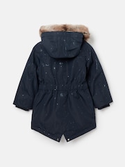Joules Girls' Alix Navy Blue Printed Waterproof Parka Coat - Image 2 of 5
