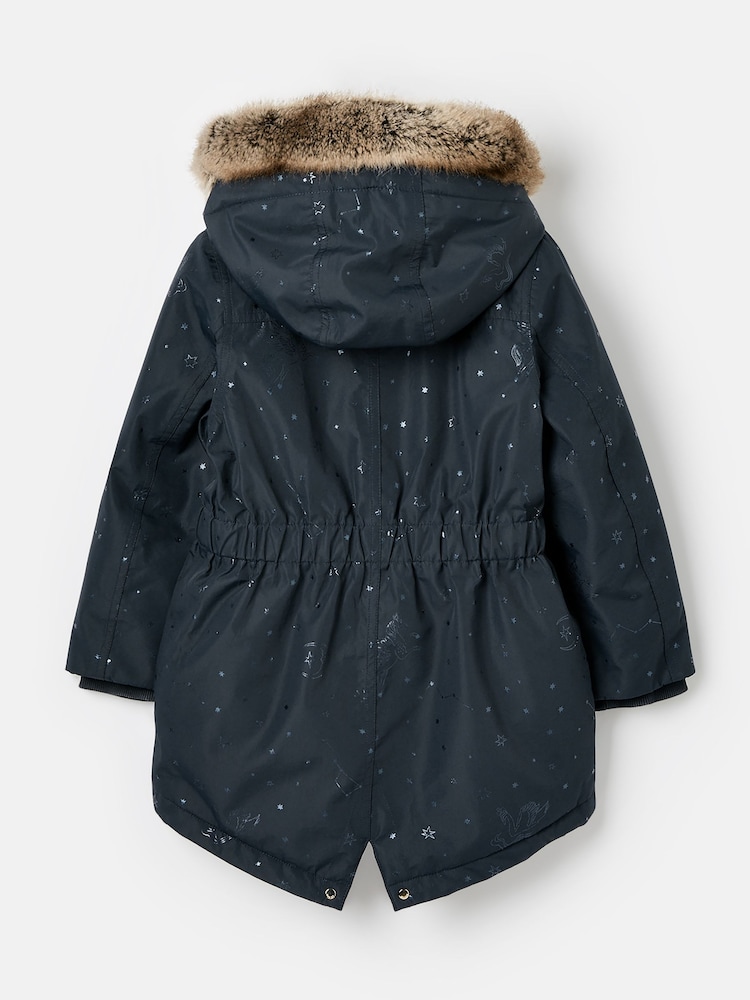 Joules Girls' Alix Navy Blue Printed Waterproof Parka Coat - Image 2 of 5