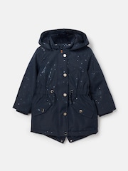 Joules Girls' Alix Navy Blue Printed Waterproof Parka Coat - Image 3 of 5