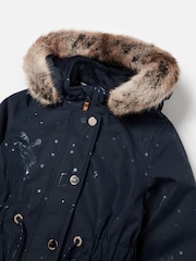 Joules Girls' Alix Navy Blue Printed Waterproof Parka Coat - Image 5 of 5