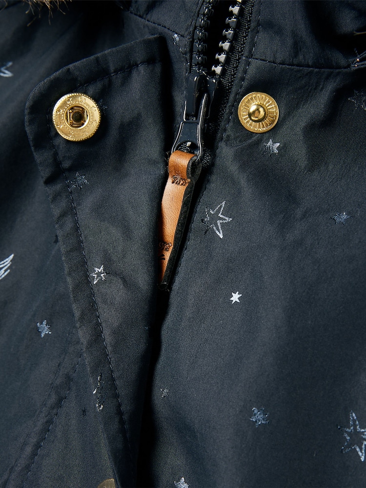 Joules Girls' Alix Navy Blue Printed Waterproof Parka Coat - Image 5 of 5