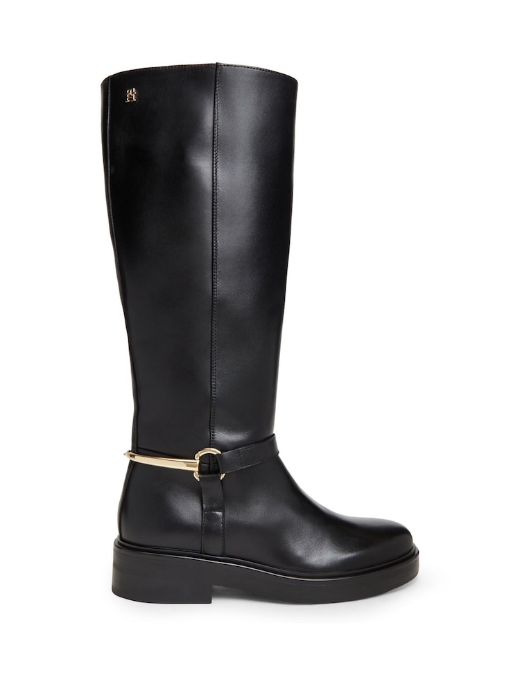 Tommy Hilfiger Black Gold-Tone Hardware Leather Riding Boots - Image 1 of 6 Tommy Hilfiger Black Gold-Tone Hardware Leather Riding Boots - Image 1 of 6