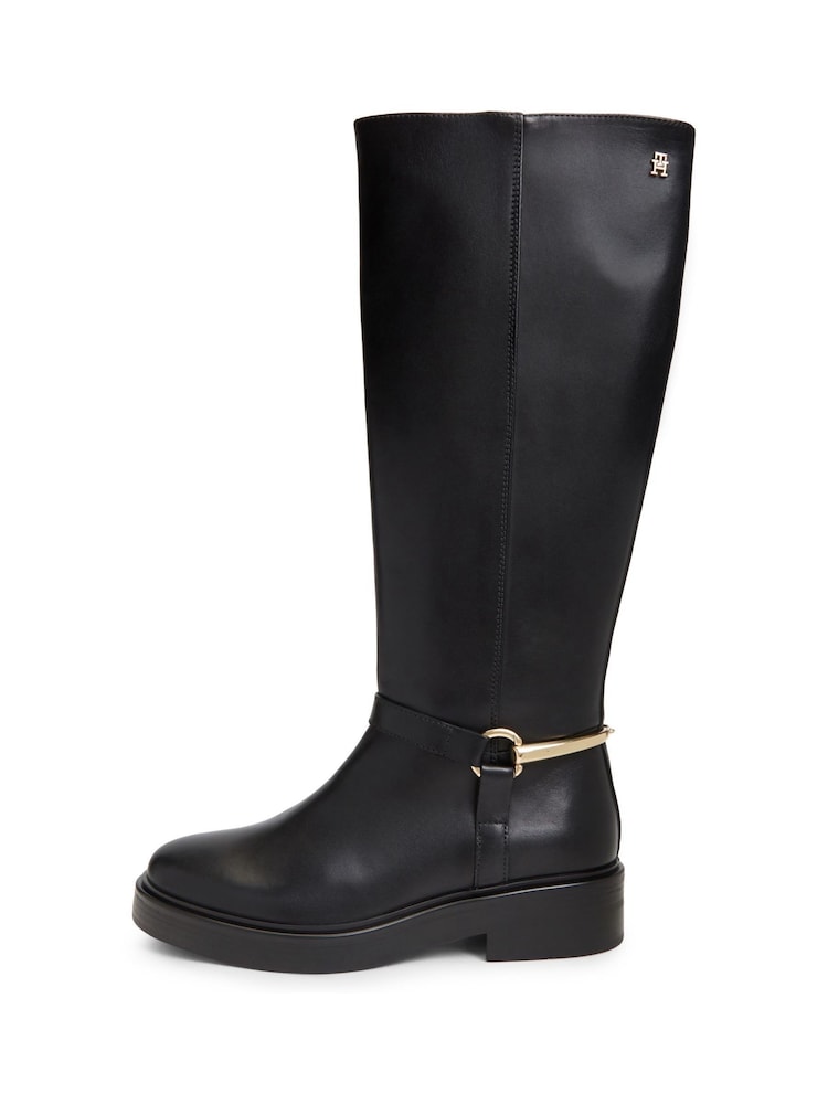 Tommy Hilfiger Black Gold-Tone Hardware Leather Riding Boots - Image 2 of 6 Tommy Hilfiger Black Gold-Tone Hardware Leather Riding Boots - Image 2 of 6
