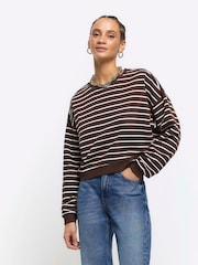River Island Brown Stripe Cropped 100% Cotton Sweatshirt - Image 1 of 4