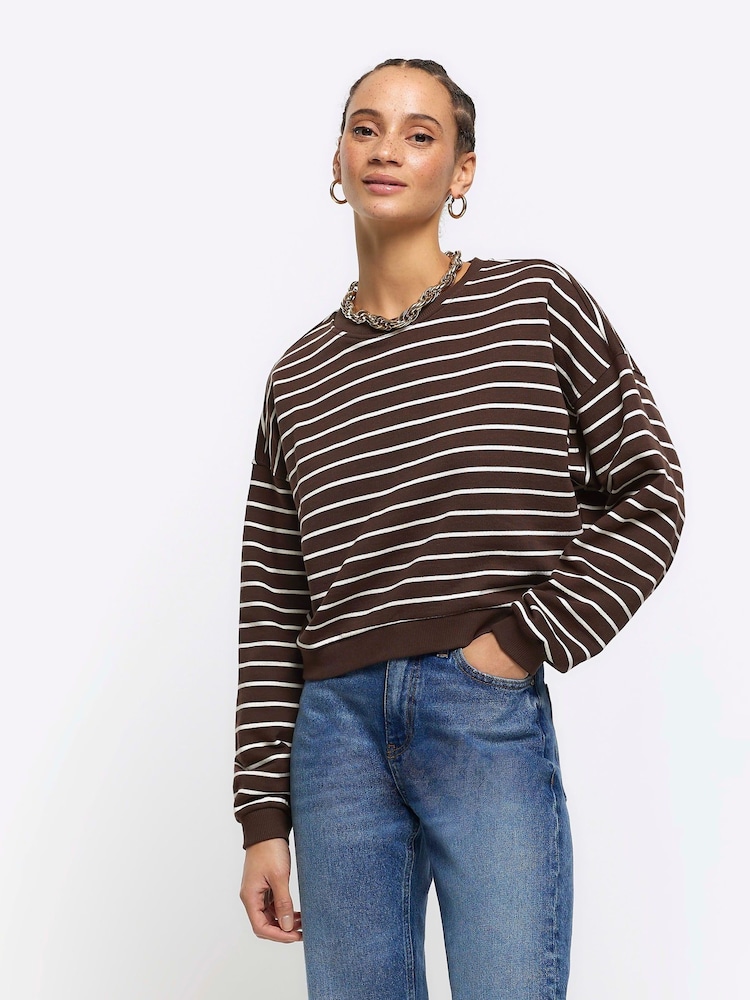 River Island Brown Stripe Cropped 100% Cotton Sweatshirt - Image 1 of 4