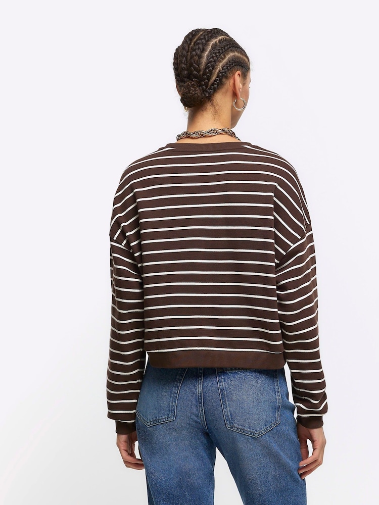 River Island Brown Stripe Cropped 100% Cotton Sweatshirt - Image 2 of 4