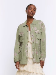 River Island Green Floral Pocketed Utility Shacket - Image 1 of 4