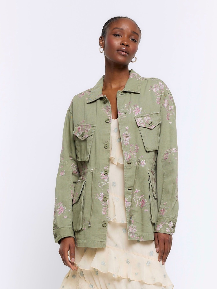 River Island Green Floral Pocketed Utility Shacket - Image 1 of 4