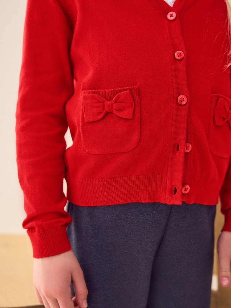 Red Cotton Rich Bow Pocket School Cardigan (3-16yrs) - Image 6 of 6