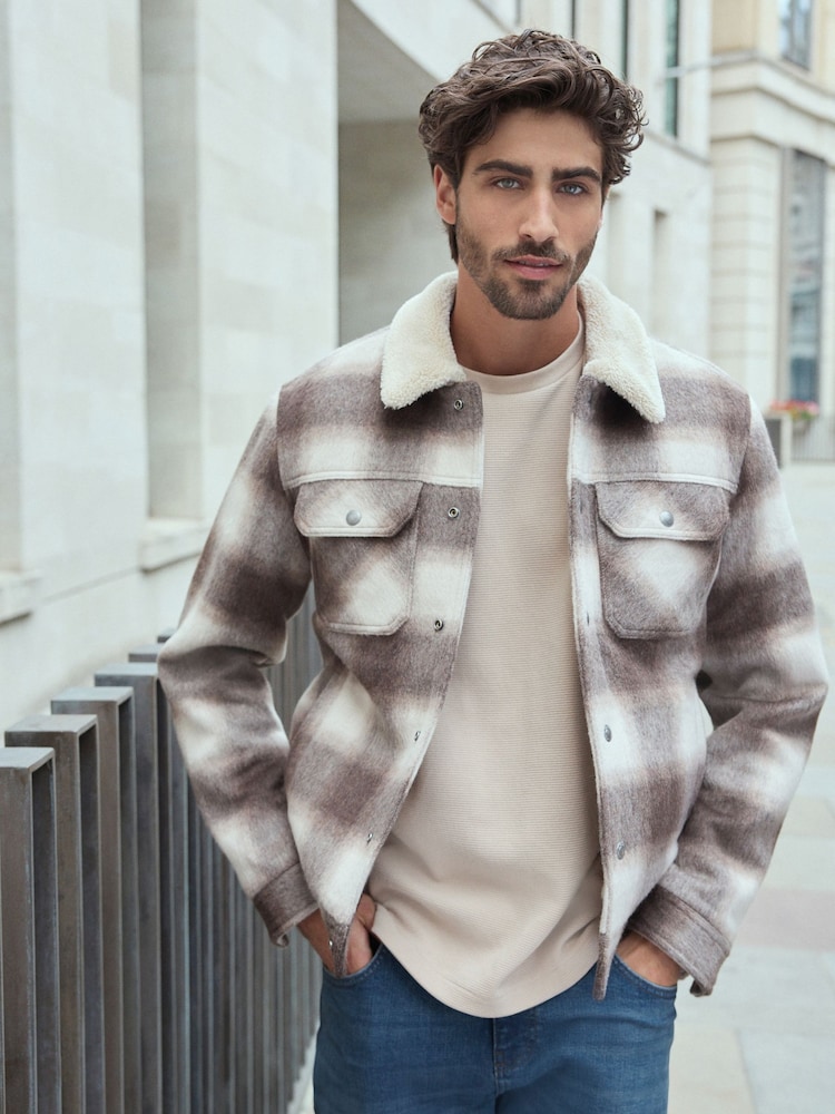 Neutral Borg Lined Check Trucker Jacket with Wool - Image 1 of 12