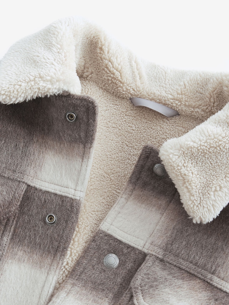 Neutral Borg Lined Check Trucker Jacket with Wool - Image 10 of 12