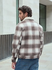 Neutral Borg Lined Check Trucker Jacket with Wool - Image 3 of 12