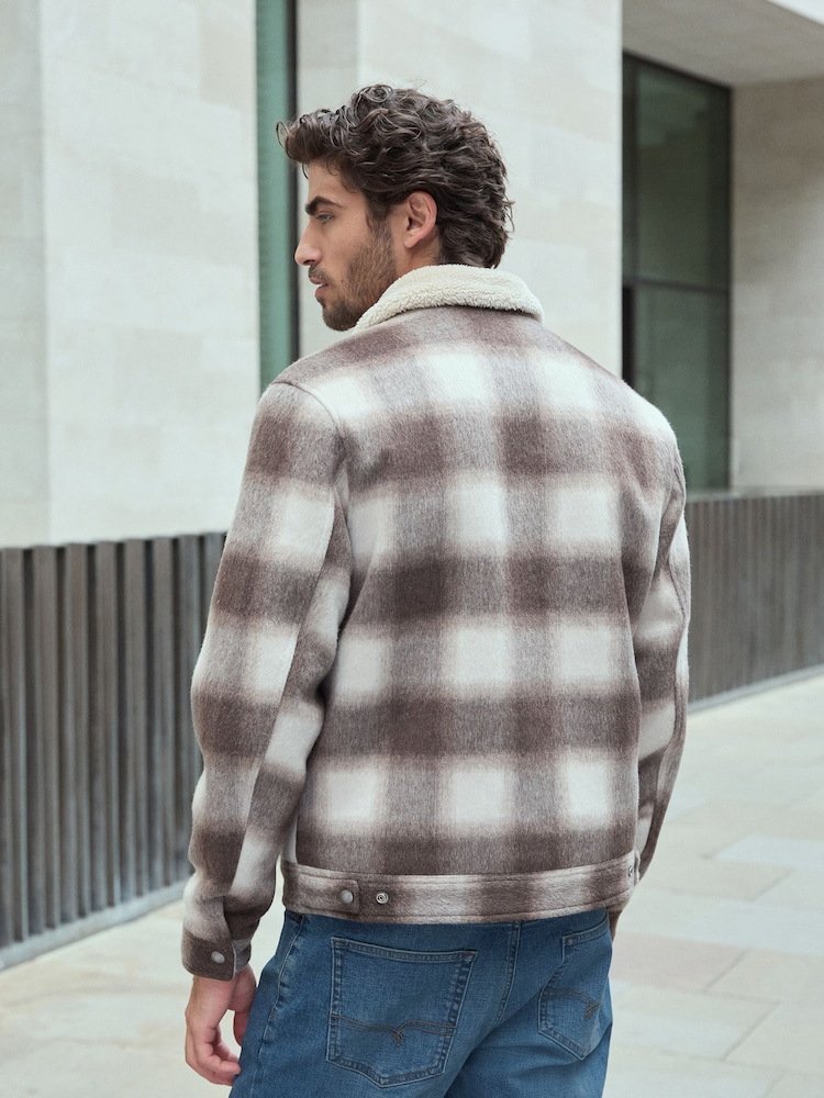 Neutral Borg Lined Check Trucker Jacket with Wool - Image 3 of 12