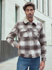 Neutral Borg Lined Check Trucker Jacket with Wool - Image 4 of 12