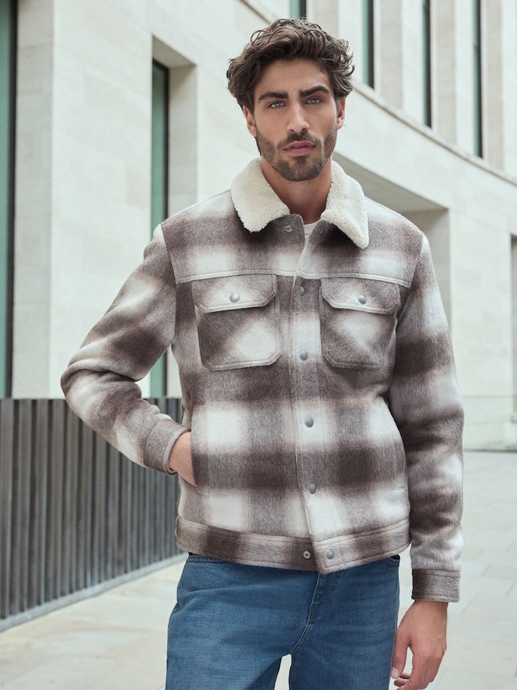 Neutral Borg Lined Check Trucker Jacket with Wool - Image 4 of 12