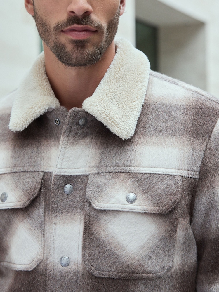 Neutral Borg Lined Check Trucker Jacket with Wool - Image 6 of 12