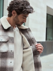 Neutral Borg Lined Check Trucker Jacket with Wool - Image 7 of 12