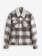 Neutral Borg Lined Check Trucker Jacket with Wool - Image 8 of 12
