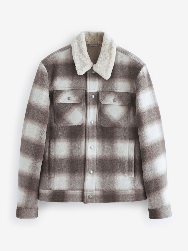 Neutral Borg Lined Check Trucker Jacket with Wool - Image 8 of 12