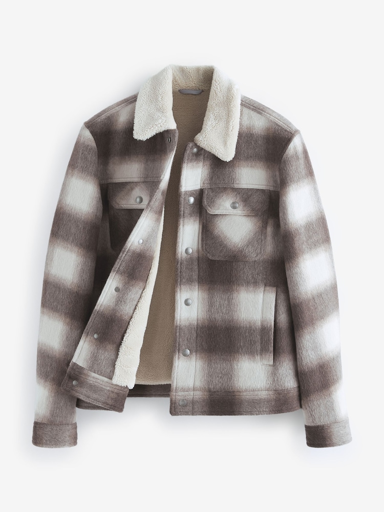 Neutral Borg Lined Check Trucker Jacket with Wool - Image 9 of 12