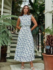 White and Navy Floral Kew Collection Mesh Pleated Ruffle Dress - Image 1 of 7