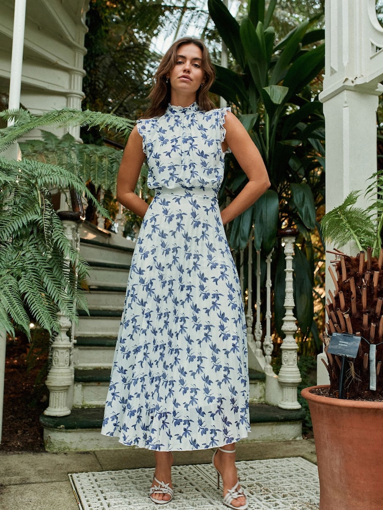 White and Navy Floral Kew Collection Mesh Pleated Ruffle Dress - Image 1 of 7