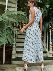White and Navy Floral Kew Collection Mesh Pleated Ruffle Dress - Image 2 of 7