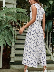 White and Navy Floral Kew Collection Mesh Pleated Ruffle Dress - Image 4 of 7