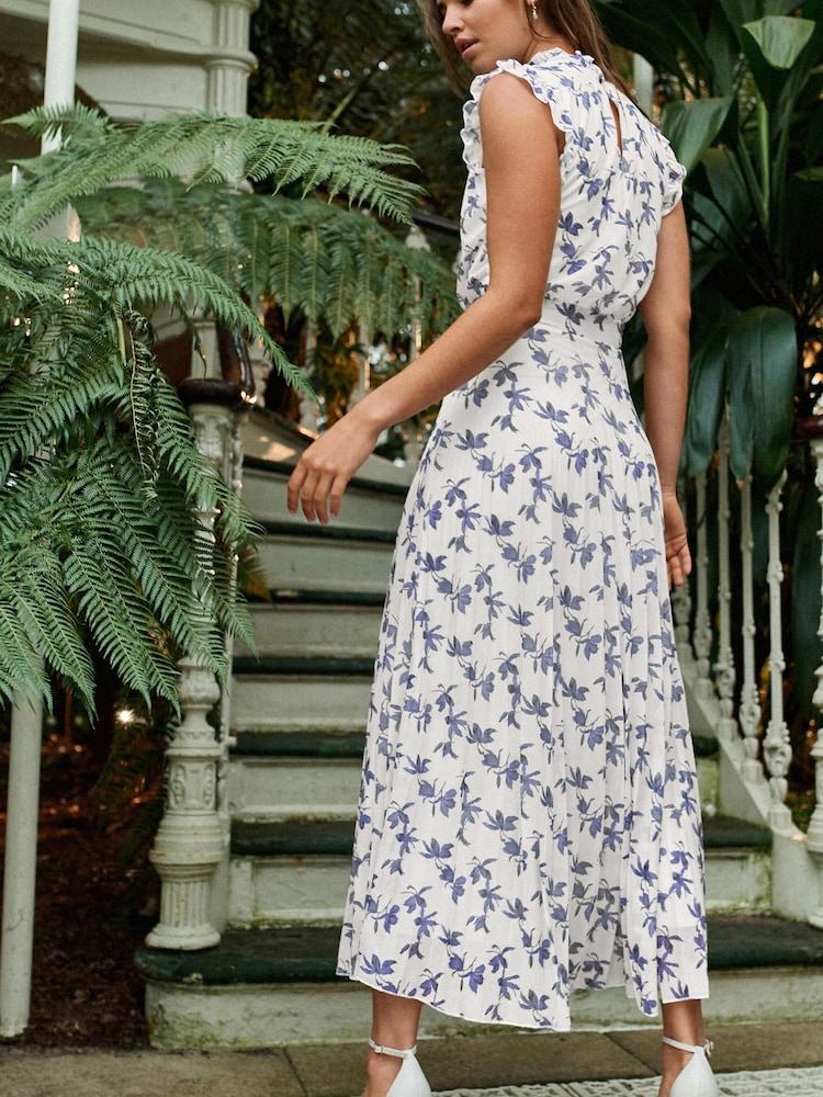 White and Navy Floral Kew Collection Mesh Pleated Ruffle Dress - Image 4 of 7