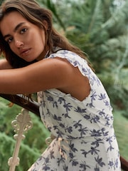 White and Navy Floral Kew Collection Mesh Pleated Ruffle Dress - Image 5 of 7