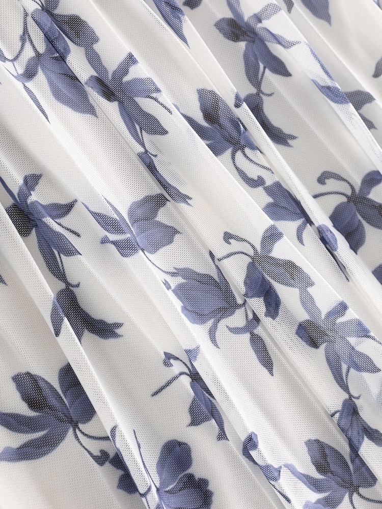 White and Navy Floral Kew Collection Mesh Pleated Ruffle Dress - Image 6 of 7
