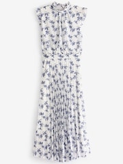 White and Navy Floral Kew Collection Mesh Pleated Ruffle Dress - Image 7 of 7