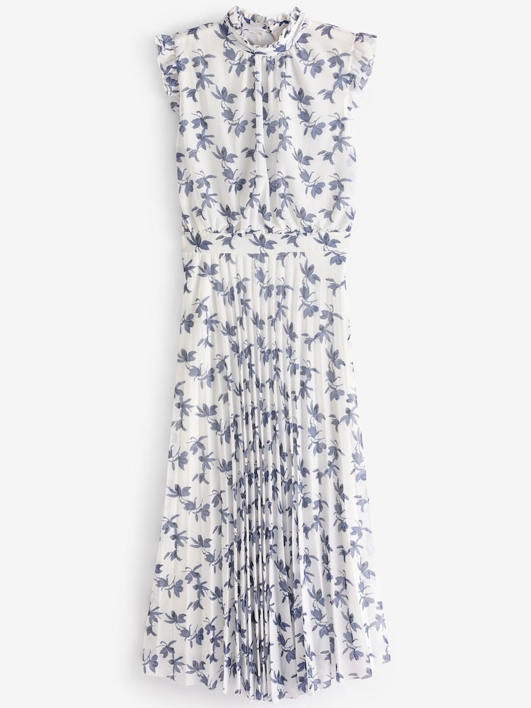 White and Navy Floral Kew Collection Mesh Pleated Ruffle Dress - Image 7 of 7