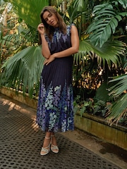 Navy and Purple Floral Kew Collection Mesh Pleated Ruffle Dress - Image 1 of 7