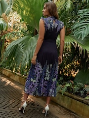 Navy and Purple Floral Kew Collection Mesh Pleated Ruffle Dress - Image 2 of 7