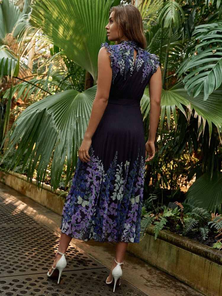 Navy and Purple Floral Kew Collection Mesh Pleated Ruffle Dress - Image 2 of 7