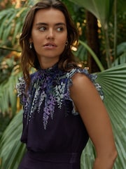 Navy and Purple Floral Kew Collection Mesh Pleated Ruffle Dress - Image 3 of 7