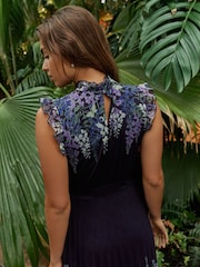 Navy and Purple Floral Kew Collection Mesh Pleated Ruffle Dress - Image 4 of 7